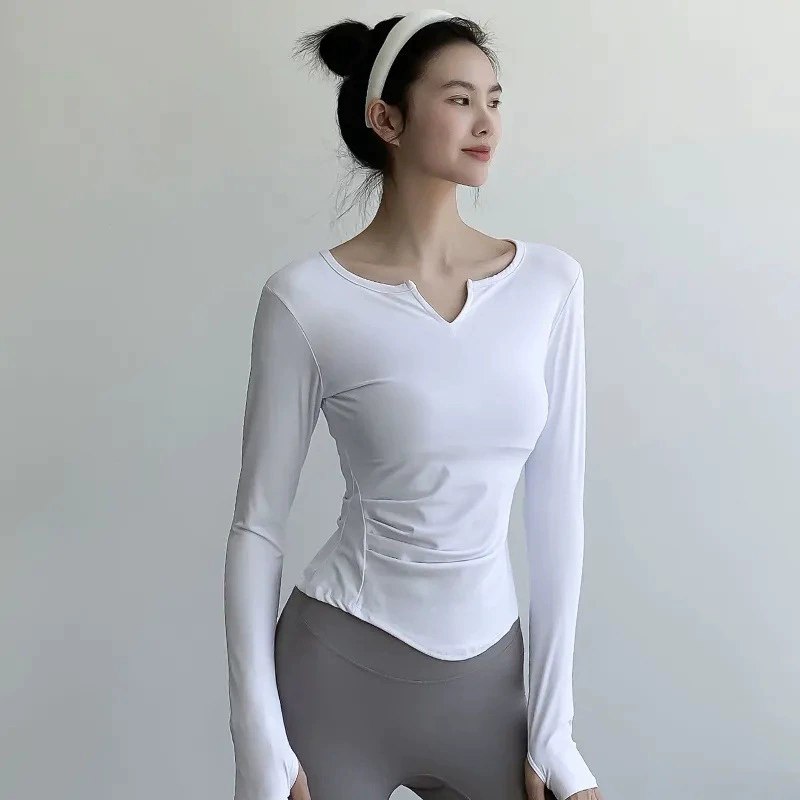 Йога-одежда, приталенная с long sleeves, дышащая быстро сохнущая спортивная футболка для йоги/тренажёрного зала, V-образный вырез, для бега
