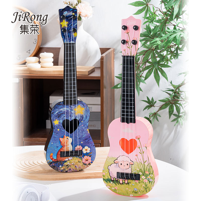 Comercio electrónico transfronterizo comercio exterior preferido ventas calientes 17 pulgadas dibujos animados para niños introducción pequeña cuatro cuerdas ukulele certificado completo