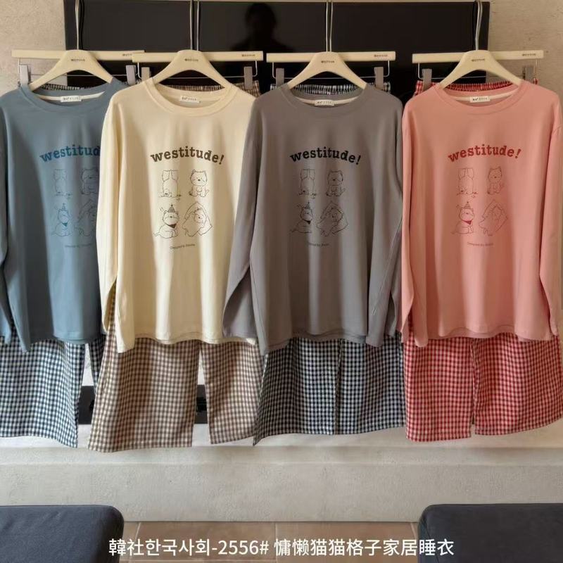 2025 Autumn and Winter Pajamas Korean Society 2556 Lazy Cat Plaid Home Clothes Set Korean Style Cartoon Pure Cotton 2025 Autumn and Winter Pajamas Korean Society 2556 Lazy Cat Plaid Home Clothes Set Korean Style Cartoon Pure Cotton
