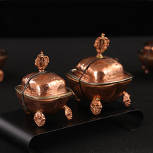 尼泊尔进口手工雕花红铜三脚托巴碗家用供碗供具居家装饰摆件品