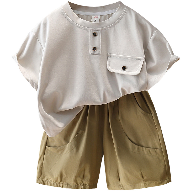 7429 Traje de manga corta de verano para niños Camiseta delgada para niños de estilo occidental Traje de dos piezas 2025 Nuevo estilo Ropa para niños de moda 5