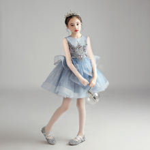 女童公主裙礼服2024新款蓝色短款婚纱钢琴演出生日儿童晚礼服春季