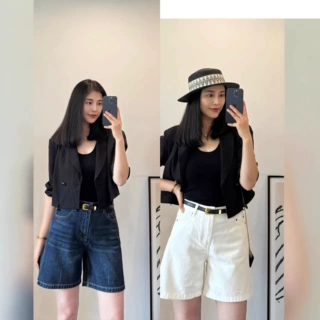 M*U刺绣字母白色牛仔短裤女高腰宽松百搭蓝色直筒四分裤 2026新款