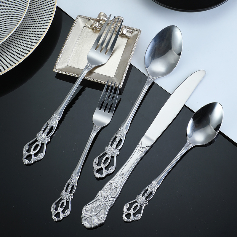 Palace-style stainless steel cutlery set with embossed royal court gold design, Western-style steak knife, fork, and spoon, exclusively for cross-border foreign trade