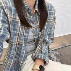 复古文艺高档雾霾蓝格子衬衫外套女秋冬款韩系慵懒风长袖衬衣外穿