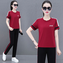 纯棉弹力时尚休闲运动套装女夏季中年妈妈直筒长裤广场舞两件套