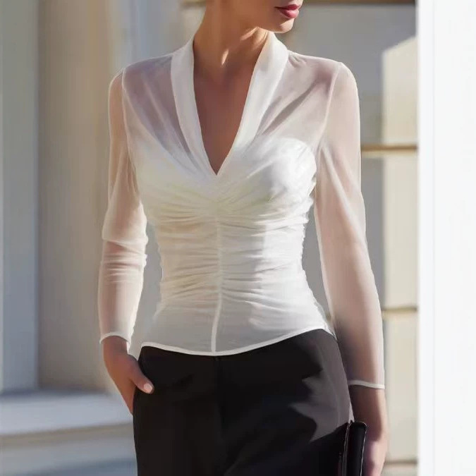 Real Shot of a Semi-Sheer Mesh Long-Sleeve V-Neck Top, Lace Camisole, and Base Layer Two-Piece Set