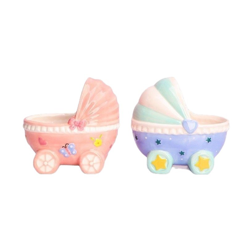 Nuevos productos transfronterizos adornos para el hogar caricaturas cochecito rosa azul joyas cerámicas de almacenamiento floral Amazon
