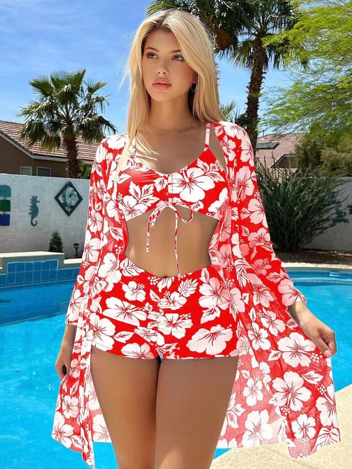 231g Weight Long Sleeve Sleeve Length Polyester Fabric Type Shorts Co-ord Set Sets Type 3 Pieces Set Quantity Swimming Occasion 3 Pieces Set Neckline Regular Fit Fit Type Bohemian Pattern Women's Gender Sexy Style Women's Sexy Bohemian 3 Pieces Set Bikinis Swimwear 5