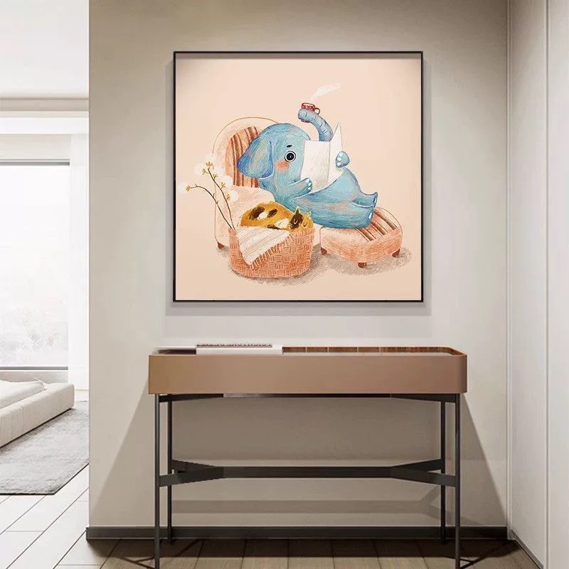 卡通动漫大象儿童房卧室挂画现代简约装饰画小众艺术油画