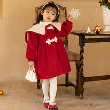 女童新年裝棉服22冬季新款寶寶洋氣年服兒童中式盤扣加厚款呢大衣