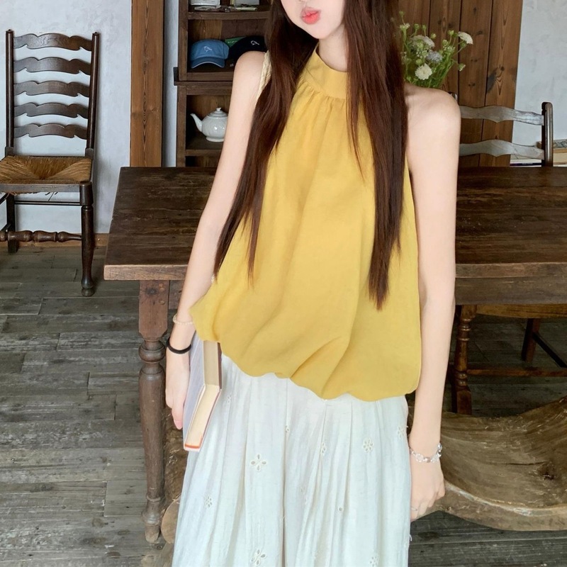 2025夏季新款多巴胺围脖圆领宽松花苞无袖露肩背心衬衫上衣女chic|undefined