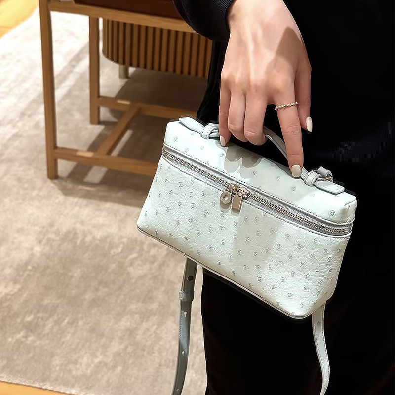 Lp19 Small Square Lunch Box Genuine Leather Handbag New Ostrich Pattern Cosmetic Case Fashionable Shoulder Crossbody Bag for Women Lp19 Small Square Lunch Box Genuine Leather Handbag New Ostrich Pattern Cosmetic Case Fashionable Shoulder Crossbody Bag for Women