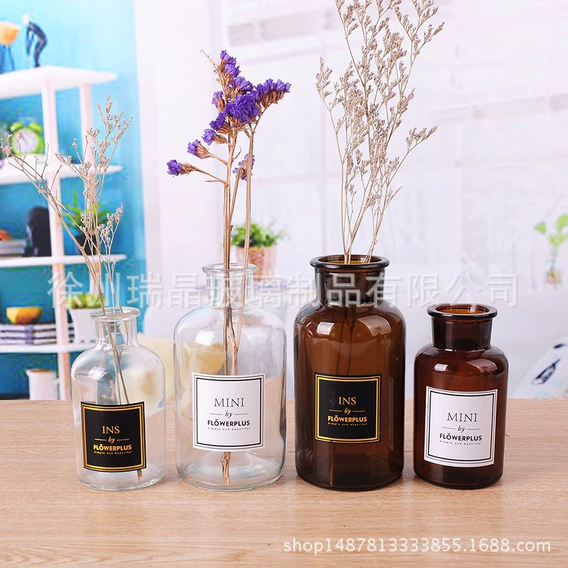 Северная маленькая коричневая бутылка ins ветер гостиная декоративная цветочная декоративная украшение украшения прозрачная гидропонная стеклянная ваза