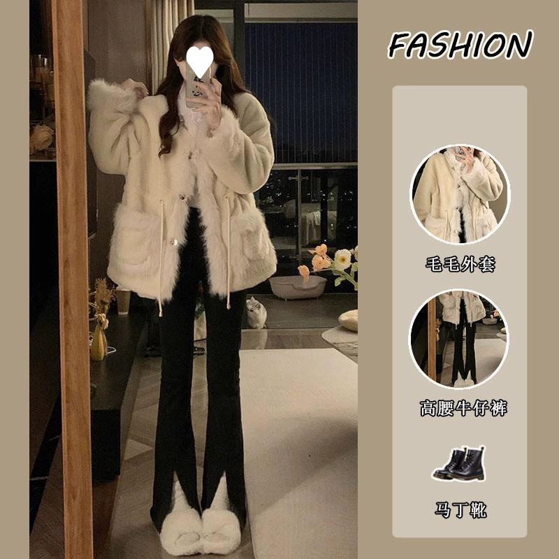 Костюм женский 2023 осень-зима Новый корейский стиль высококачественное пальто из овечьей шерсти в стиле Шанель с высокой талией облегающие джинсовые брюки