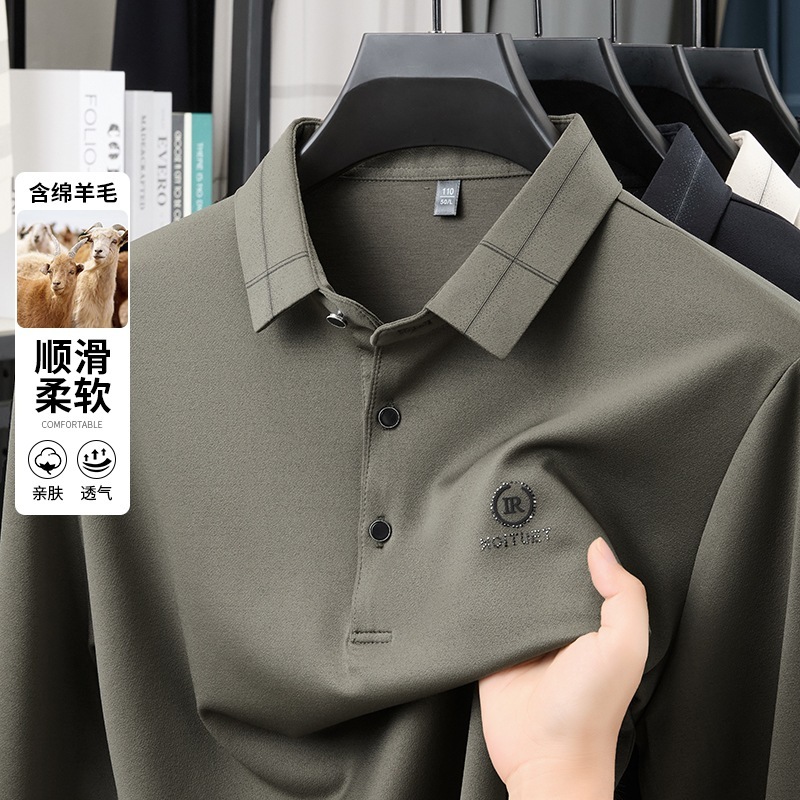 2025含羊毛长袖T恤男翻领休闲秋季透气印花爸爸装衣服中年男士T恤|undefined