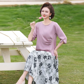 妈妈夏装套装端庄大气半身裙子短袖上衣两件套新款气质中老年女装