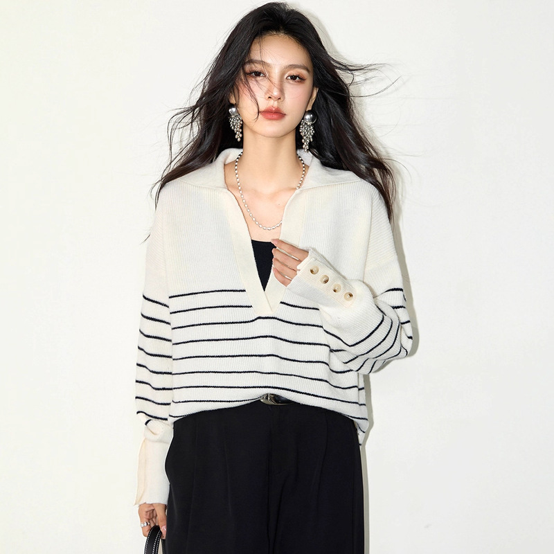 2025新款条纹毛衣女早秋白色翻领针织衫慵懒风简约松弛感休闲毛衫|undefined