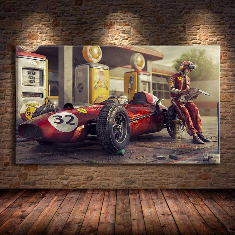 Vintage racing car and racing driver pos...