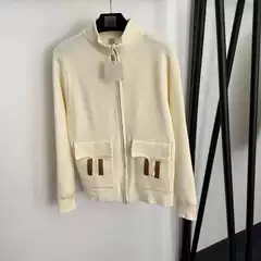 2025 New Nanyou Export Patchwork Leather H-Letter Double Pocket Long Sleeve Stand Collar Knit Zip Cardigan Shirt Jacket