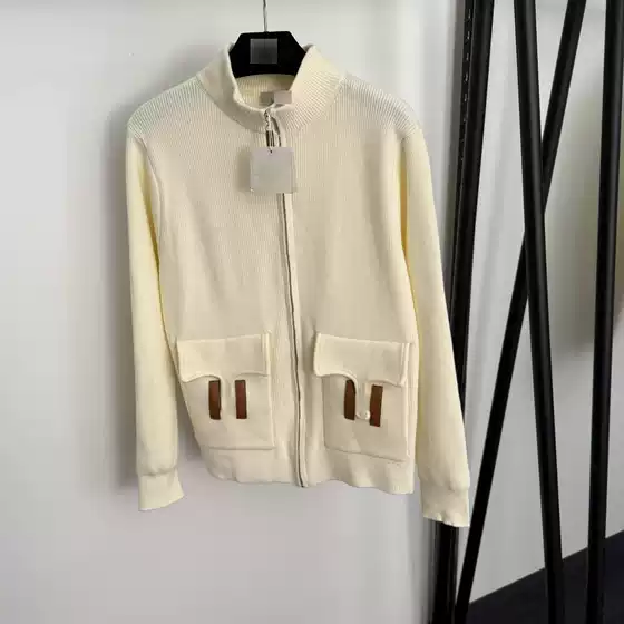 2025 South Oil Foreign Trade New Type Splicing Leather H-Letter Double Pocket Long Sleeve Stand up Collar Knitted Cardigan Zipper Shirt Coat
