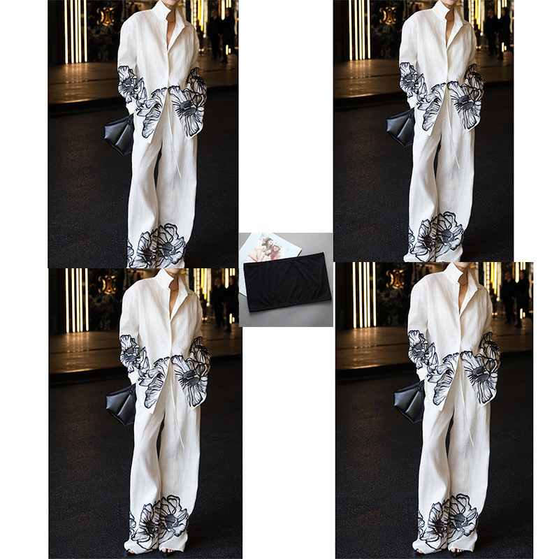 Xiaoxiangfeng ファッションスーツ女性の夏の新しい気質社交界ヨーロッパ高級白シャツワイドレッグパンツ 2 点セット|undefined