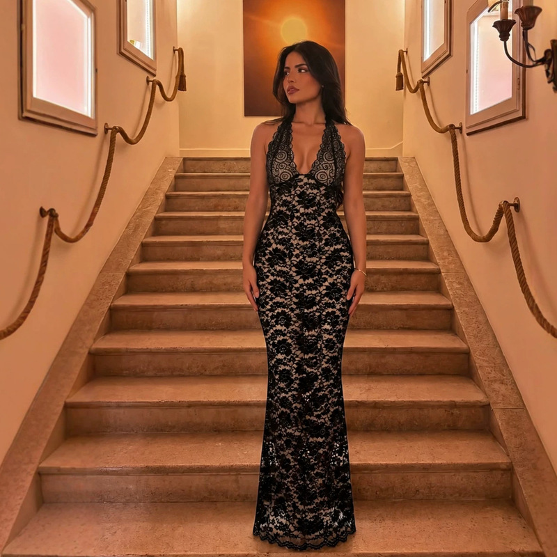 European and American style women's long dress 2026 cross-border bestseller sexy patchwork halter neck lace slit slim-fit dress