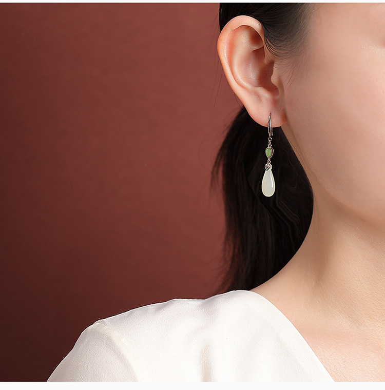 Bông tai bạc S925 mạ vàng đính ngọc Hetian hình giọt nước phong cách cổ điển — Mẫu bạc chi tiết 9