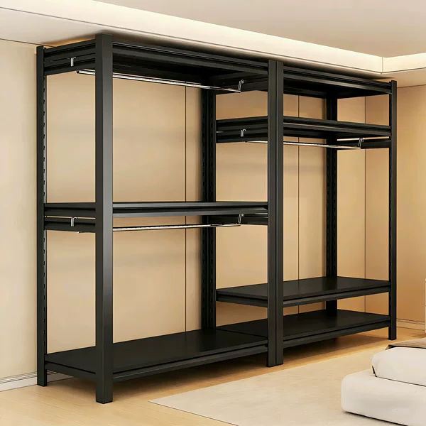 Home-Use Open-Style Shelf Wardrobe, Simple Pegboard Clothes Rack, Floor-Standing Multi-Layer Steel Storage Rack