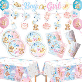 泰迪熊Boy or Girl宝宝性别揭示派对套装纸盘纸杯纸巾拉旗装饰