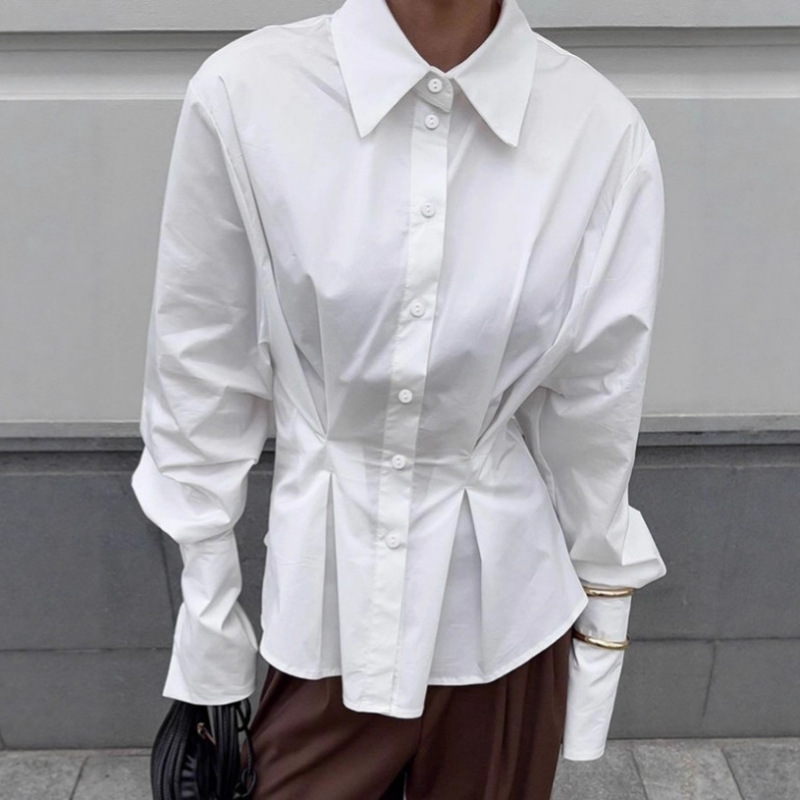 French-Style Workplace Pleated Waist-Cinching White Shirt for Women, 2026 Spring Design, Slim-Fit Pure Cotton Puff Sleeve Shirt Wholesale French-Style Workplace Pleated Waist-Cinching White Shirt for Women, 2026 Spring Design, Slim-Fit Pure Cotton Puff Sleeve Shirt Wholesale