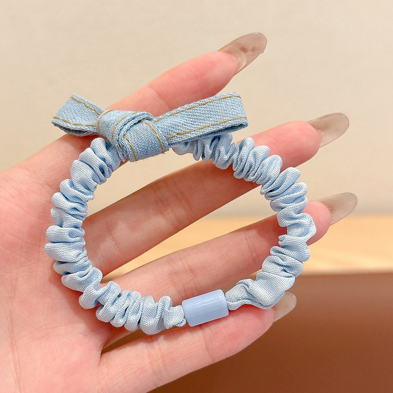 法式浅牛仔蓝蝴蝶结小肠圈发绳女时尚发圈高弹力扎发皮筋头绳发饰|undefined