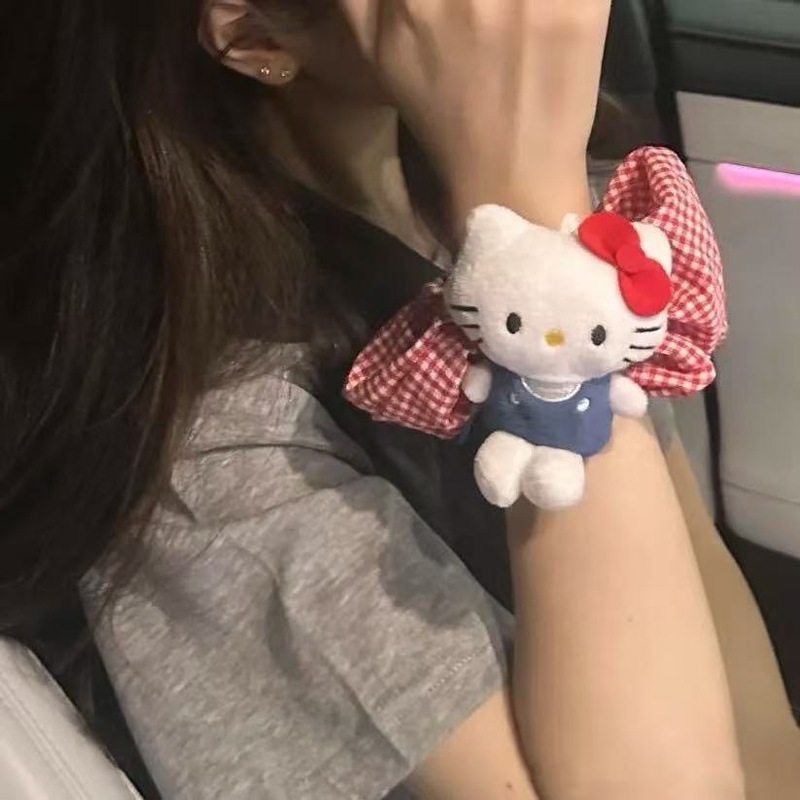 可爱卡通猫咪公仔红格纹发圈甜美少女百搭头饰高级感软萌扎发丸子|undefined