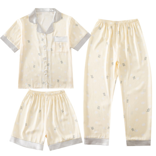 Children's 3-Piece Pajama Set 2024 Summer New Air Conditioning Suit Neutral Cardigan Cartoon Short Sleeve Chiffon Homecoming Clothes