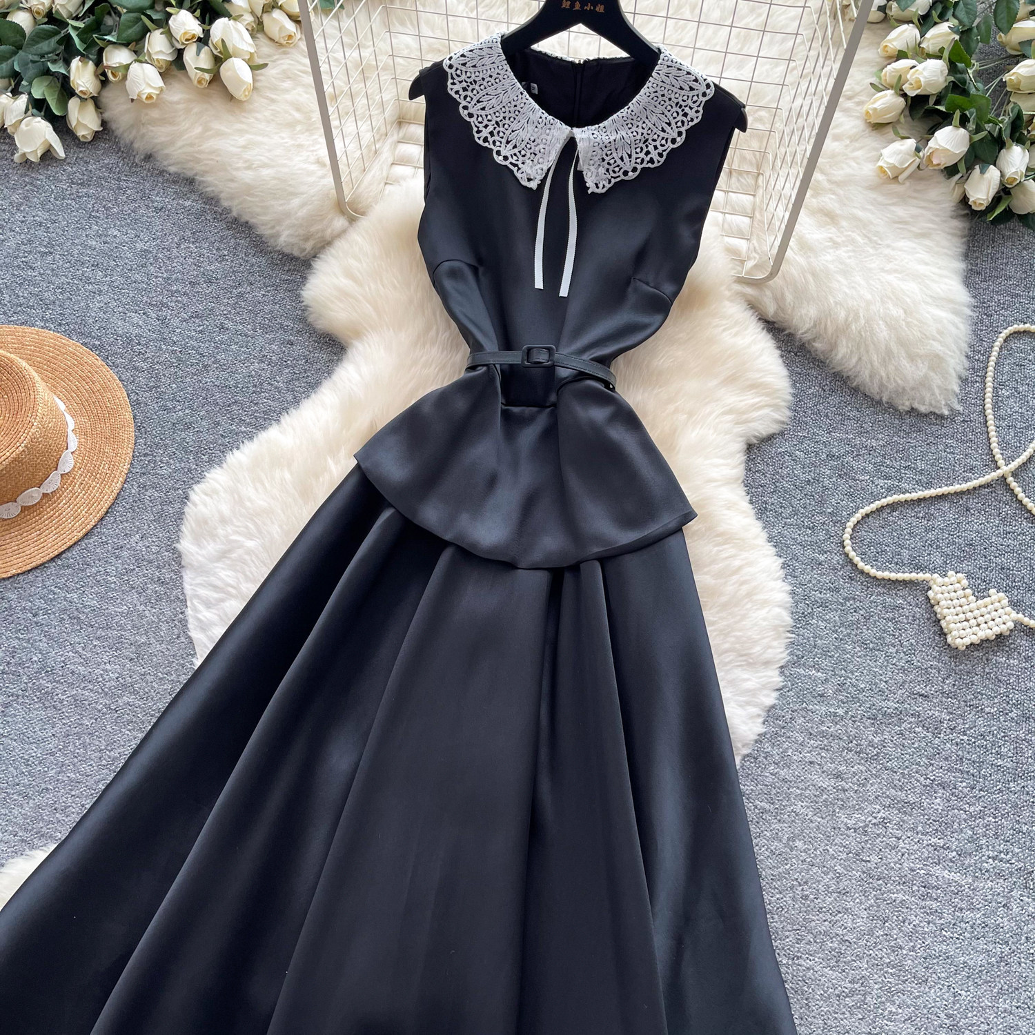Elegant High-Waisted A-Line Dress Red Lace Peter Pan Collar Summer Commute Suitable Women's Clothing_ecoleips.com