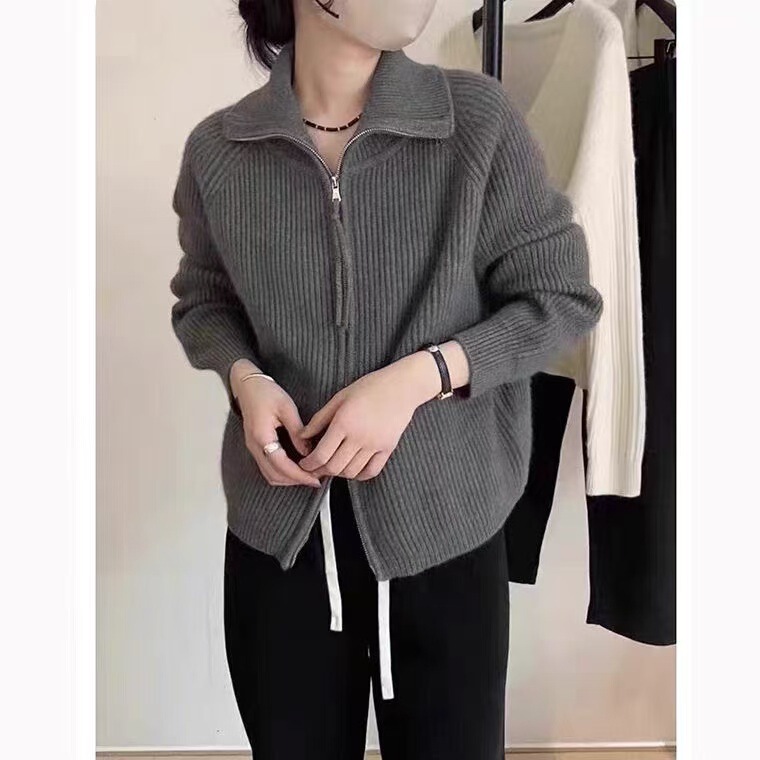 High-Neck Double-Zip Sweater for Women, Autumn and Winter New Loose Ribbed Knit Slimming Design Jacket