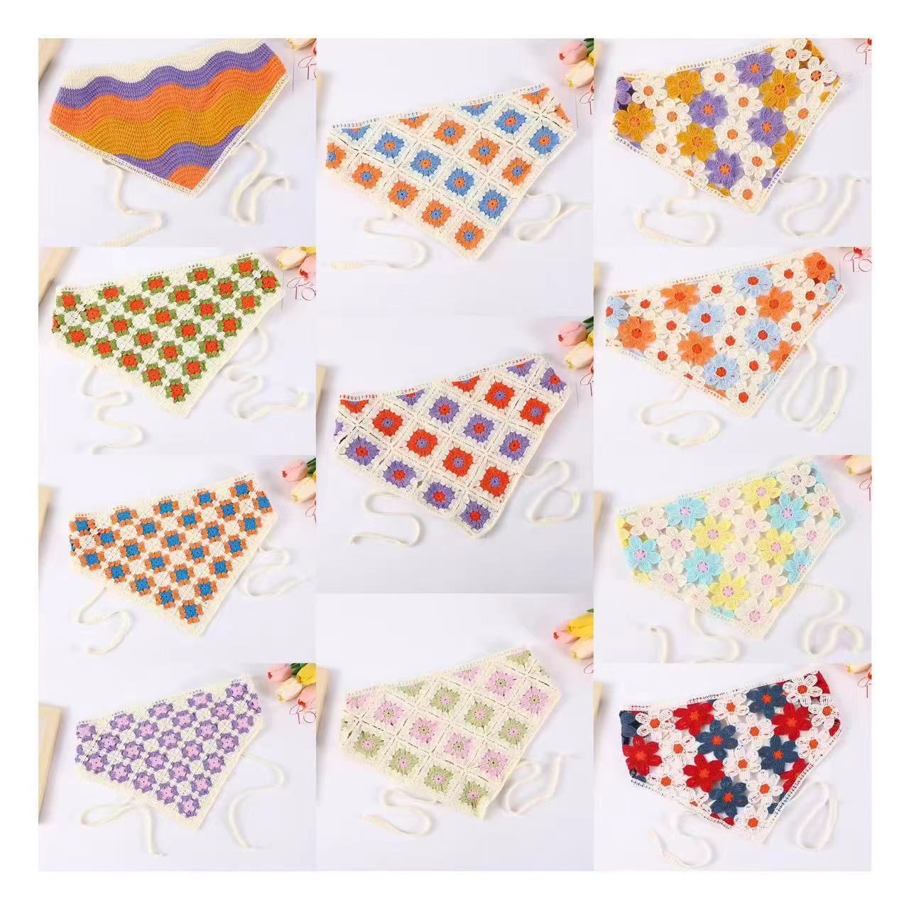 田园网红韩版三角巾 手工钩花针织发带女 可爱甜美花朵绑带包头巾