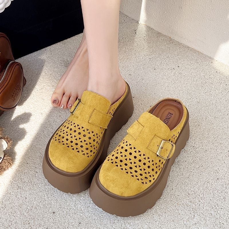 Women's thick-soled Birkenstock shoes, summer slip-on lazy shoes, 2026 new model, height-increasing, open-toe half-slippers for outdoor wear