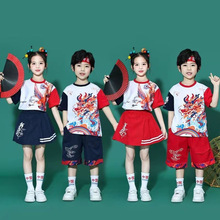 夏季男女童小学生国风啦啦队短袖套装六一新中式表演服班服两件套