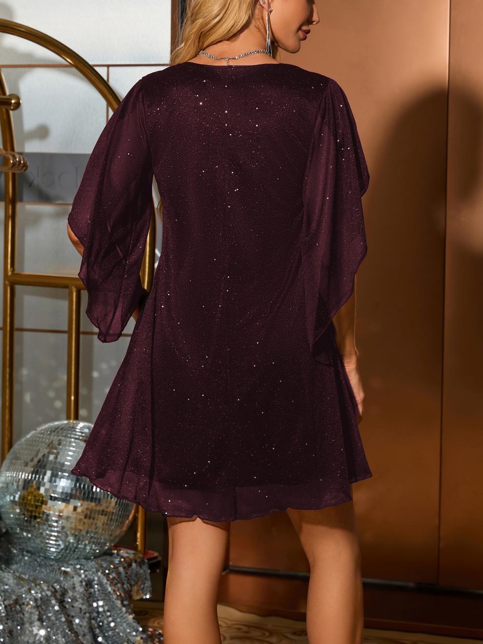 Women's Clothing Elegant Women's Gold Foil Dress V Neck Five Sleeve Spring Summer Holiday Party Style For Formal & Casual For Women_ecoleips.com