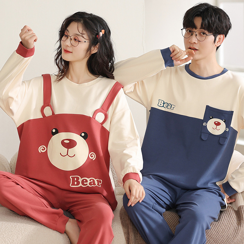【100% 純綿】カップルパジャマ女性春と秋の綿100% 長袖セット男性ホームウェア可愛いアニメ