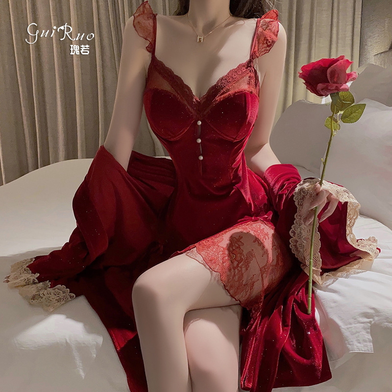Guiruo Velvet Pajamas Sweet Lace Low-cut Push-up Chest Pad Backless Nightdress Gown Home suit C4260 Guiruo Velvet Pajamas Sweet Lace Low-cut Push-up Chest Pad Backless Nightdress Gown Home suit C4260
