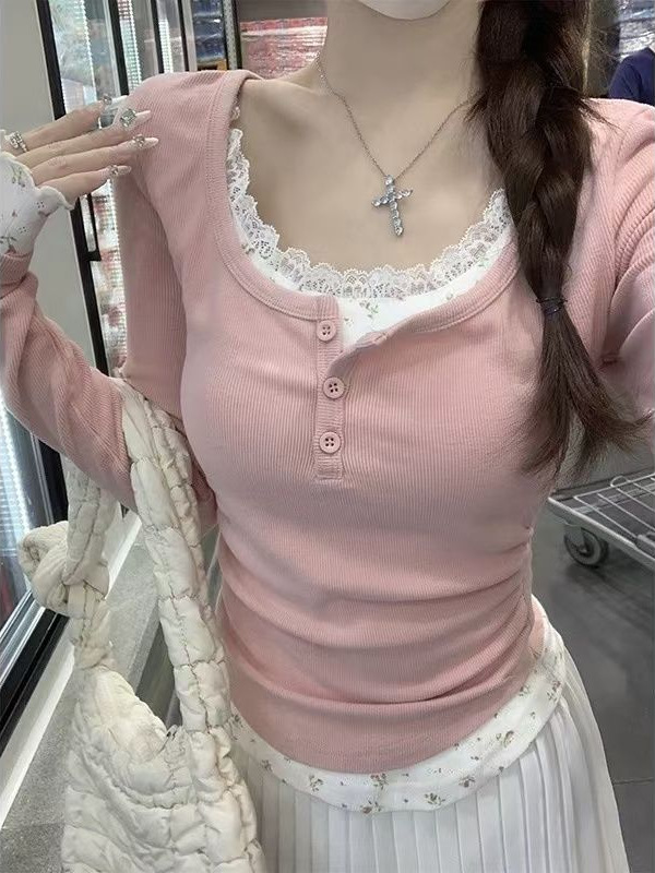 蕾丝花边假两件甜美风长袖t恤女秋季修身款拼接碎花绝美打底上衣|undefined