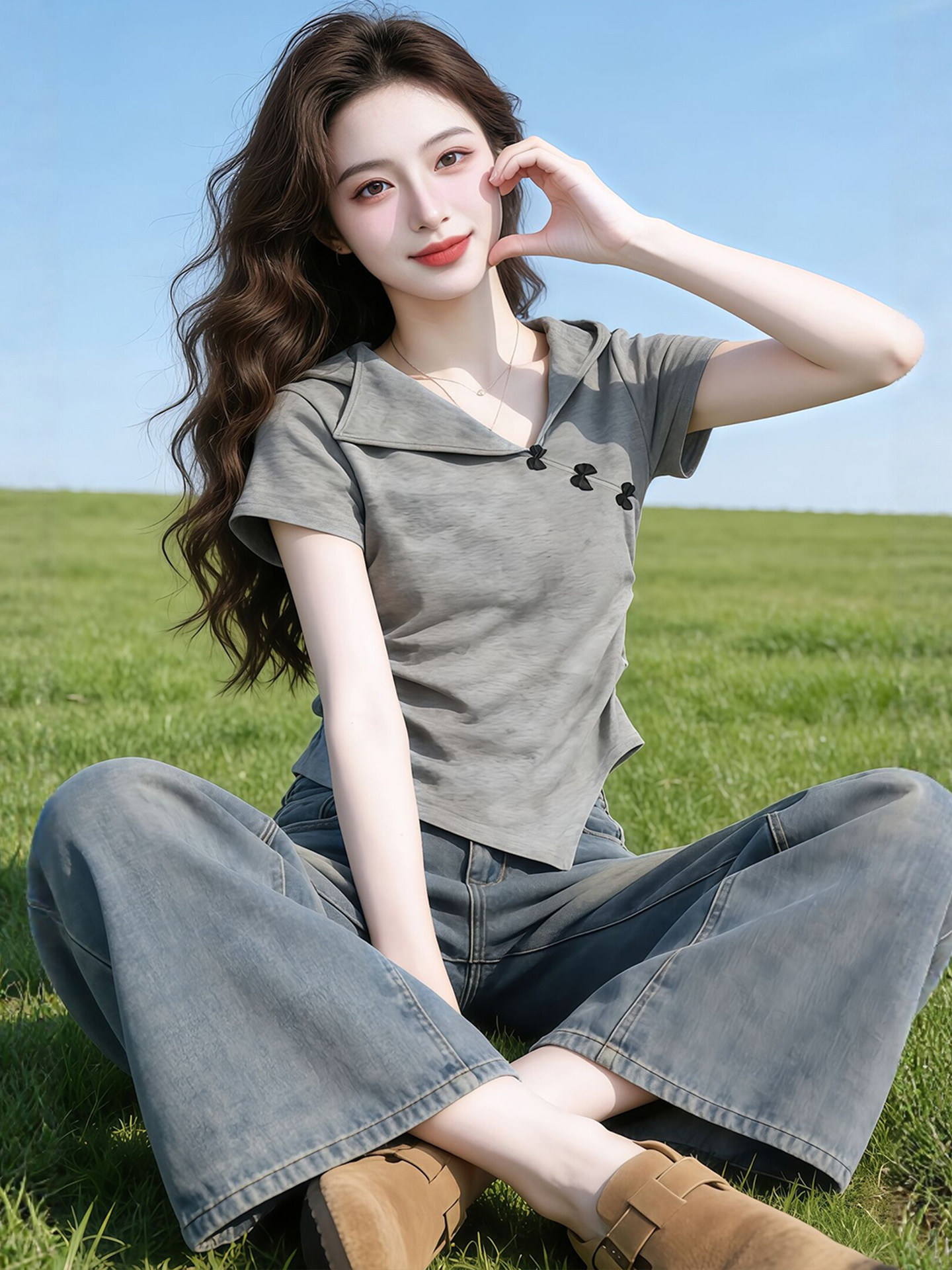 Áo thun nữ cổ lật tay ngắn form rộng thiết kế mới mùa hè — màu xám