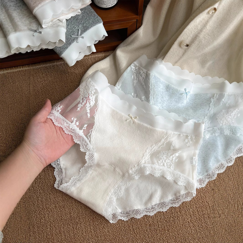 7A抑菌新疆长绒棉女士纯棉内裤纯欲蕾丝内裤中腰网纱甜美三角裤女|undefined