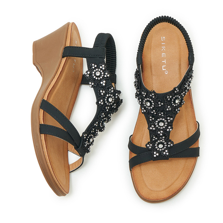Sandal đế xuồng đính đá hoa nữ gót cao 9 cm — màu đen, trắng, quả mơ chi tiết 32