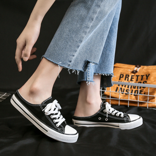 ins summer half-slip white shoes for women Korean style student heelless slip-on slip-ons all-match flat canvas shoes