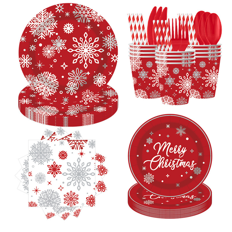 New Christmas Red Snowflake New Year Theme Party Supplies Disposable Paper Plate Paper Cup Tissue Set Wholesale New Christmas Red Snowflake New Year Theme Party Supplies Disposable Paper Plate Paper Cup Tissue Set Wholesale
