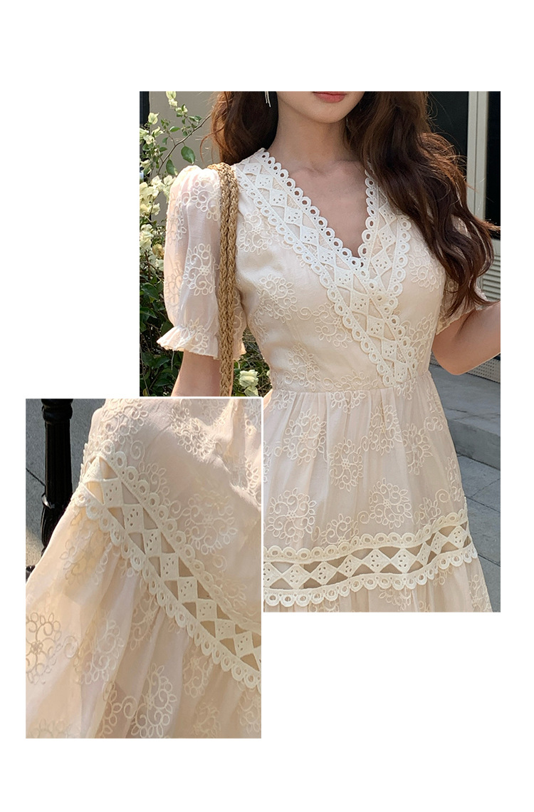 Đầm maxi nữ tay bồng ren hoa V cut-out phong cách Pháp cung đình — xanh lam, màu hồng, màu mơ chi tiết 11