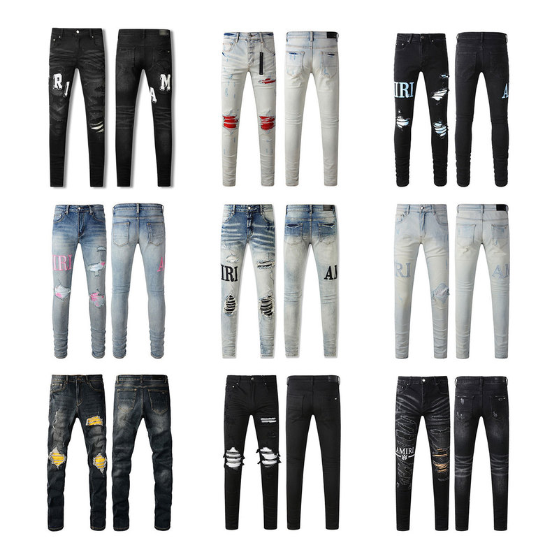 Amiri Jeans European and American Trendy Fashion Brand Slim Fit Ripped Distressed Rhinestone Jeans Amiri Jeans European and American Trendy Fashion Brand Slim Fit Ripped Distressed Rhinestone Jeans